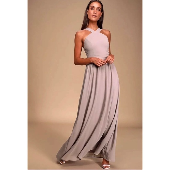 Lulus Sz M Taupe Romantic Long Formal Gown Maxi Dress Georgette Mod Halter - Picture 1 of 11